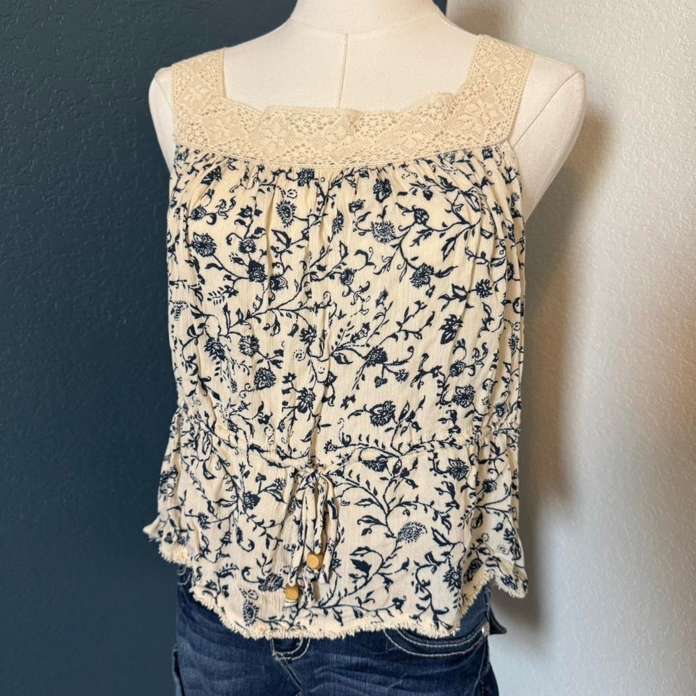 Cream Blue Floral Lace Trim Boho Tank, Medium